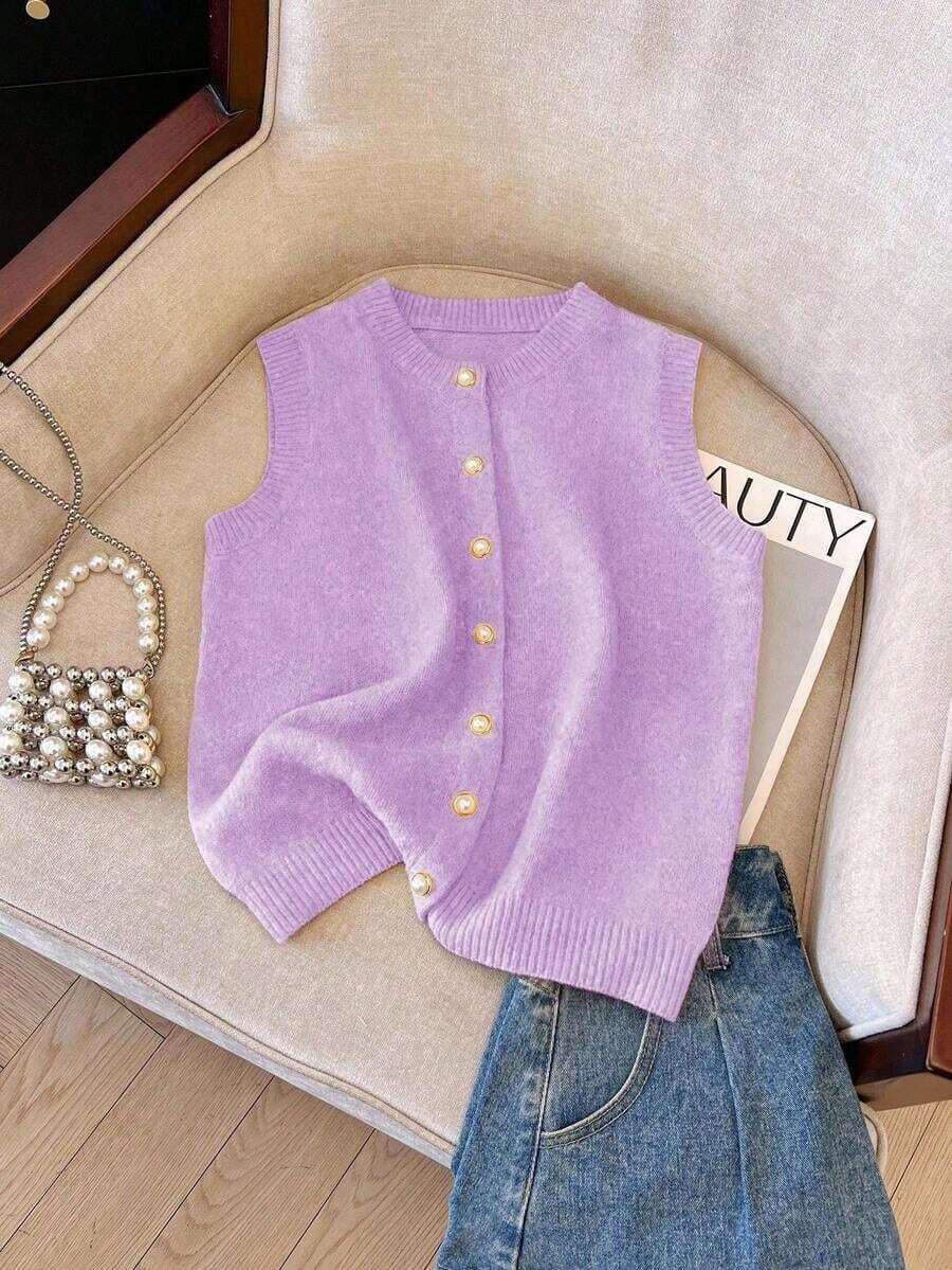 Chaleco de mujer elegante y minimalista, de estilo francés, versátil y elegante - Morado - Ver 1