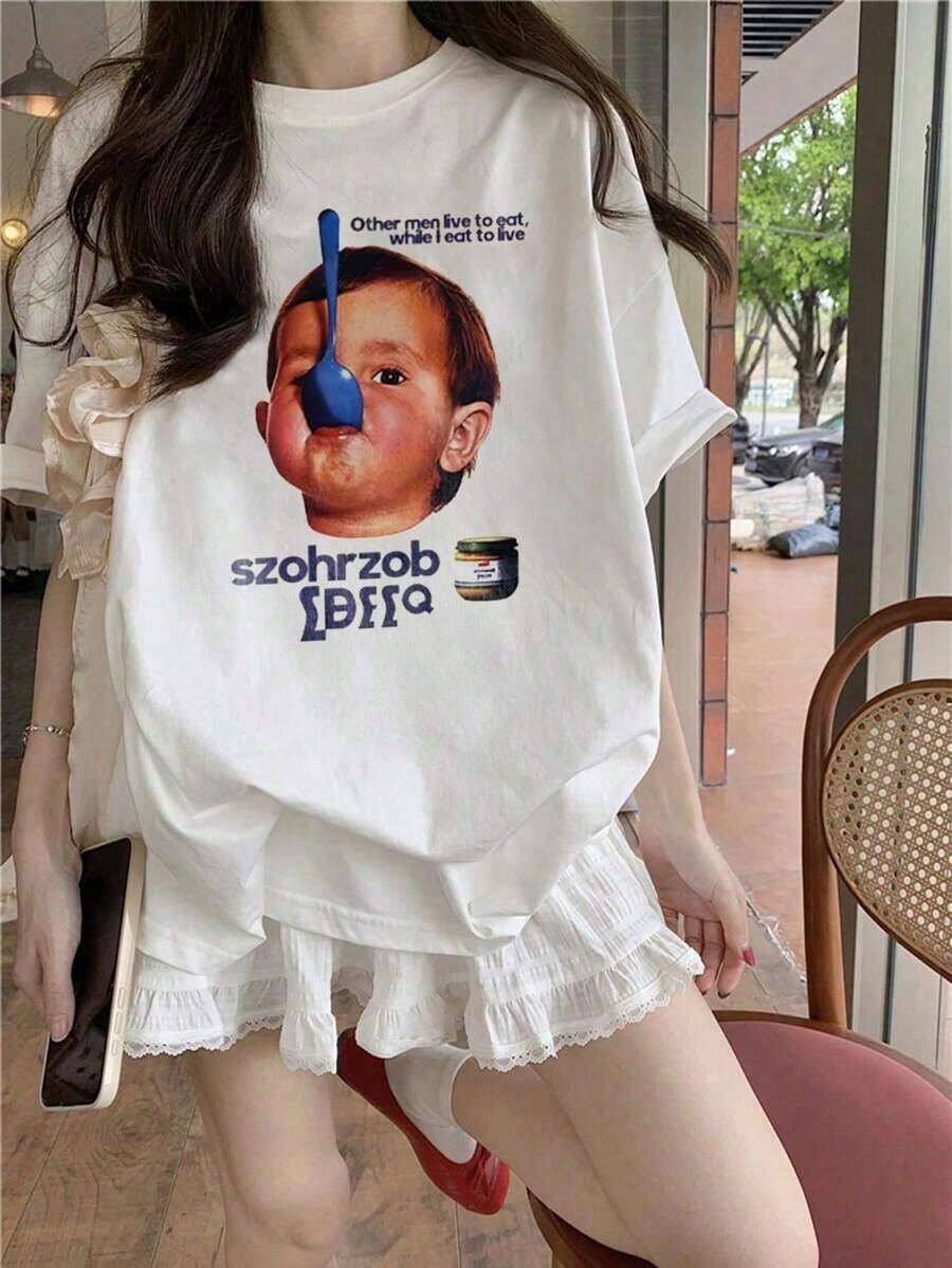 ropa de mujer Camiseta de manga corta estampada versátil de cuello redondo, estilo casual japonés para mujer, primavera/verano, camisas de mujer blancas - Blanco - Ver 1