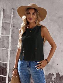Camisa sin mangas de unicolor con diseño de botones para mujer - Negro 2 - Ver 5
