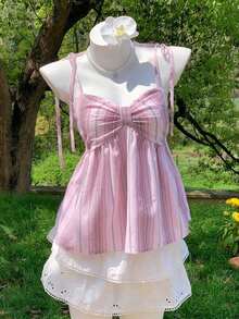 Camiseta sin mangas plisada y a rayas de verano para mujer, de estilo casual y vacacional - Rosa - Ver 1