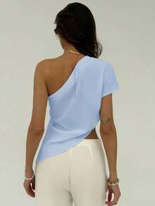 Blusa de cuello asymmétrico de unicolor para mujer, de moda para el verano - Azul - Ver 2