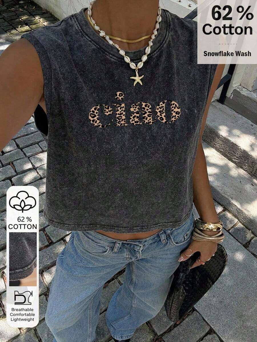 62% Algodón Camiseta de tirantes corta con cuello redondo y estampado de copos de nieve para mujer, adecuada para el verano - Negro 4 - Ver 1