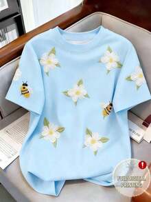 Camiseta casual de mujer de manga corta con cuello redondo, con bordado de fresa y rayas - Multicolor 2 - Ver 3