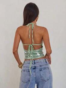 Nuevo camisol de tirantes finos con espalda descubierta y lentejuelas rosas para mujer, elegante y sexy, ideal para el Día de San Valentín, fiestas y viajes - Verde - Ver 2