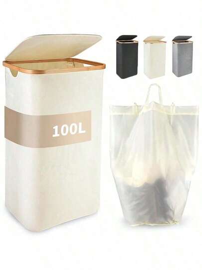 1 Giỏ đựng quần áo bẩn dung tích lớn 100L có nắp đậy, tay cầm gập gọn, túi lót chống thấm nước có thể tháo rời, thích hợp trang trí phòng ngủ, sắp xếp phòng, đựng quần áo (quần, giày, quần jean, ủng, váy) v.v.