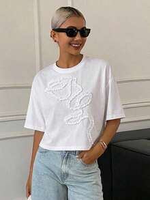 Blusa casual de verano para mujer con cuello redondo, manga corta suelta y 3D plisada con flor - Blanco 8 - Ver 4