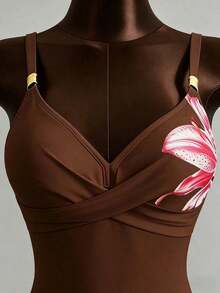 Conjunto de bikini de 2 piezas con estampado floral, accesorio de metal y correa ajustable, de caliente para vacaciones de primavera/verano y playa - Café integral - Ver 7