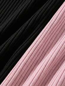 Paquete de 2 tops de camiseta acanalada con sujetador acolchado incorporado - Rosa y Negro/Lunares blancos, tops versátiles casuales para verano y uso en todas las estaciones, estilos suaves y limpios para chica, perfectos para el hogar, la escuela - Negro 8 - Ver 4