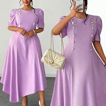 Vestido elegante de color liso con cuello redondo, manga corta, dobladillo irregular, manga abullonada, dobladillo de pañuelo, cintura ceñida, con acento de hebilla de metal, adecuado para vacaciones, informal, viajes diarios, diseño de moda, talla pequeña a grande, vestido largo largo Vestido lavanda para mujer Vestido elegante morado Mujer - Púrpura - Ver 2