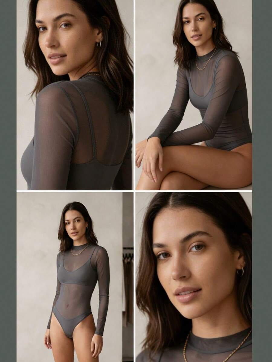 Women's Tulle Bodysuit - 灰色 - 查看 1