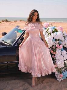 New Arrival European And American Fashion Pleated Ruffle Off-Shoulder Cinched Waist Flared Skirt, Party Evening Bridesmaid Dress - Pink - View 5