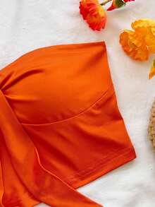 Conjunto informal de 2 piezas de top tubo corto anudado de unicolor y shorts con estampado floral para vacaciones de mujer - Multicolor 6 - Ver 6