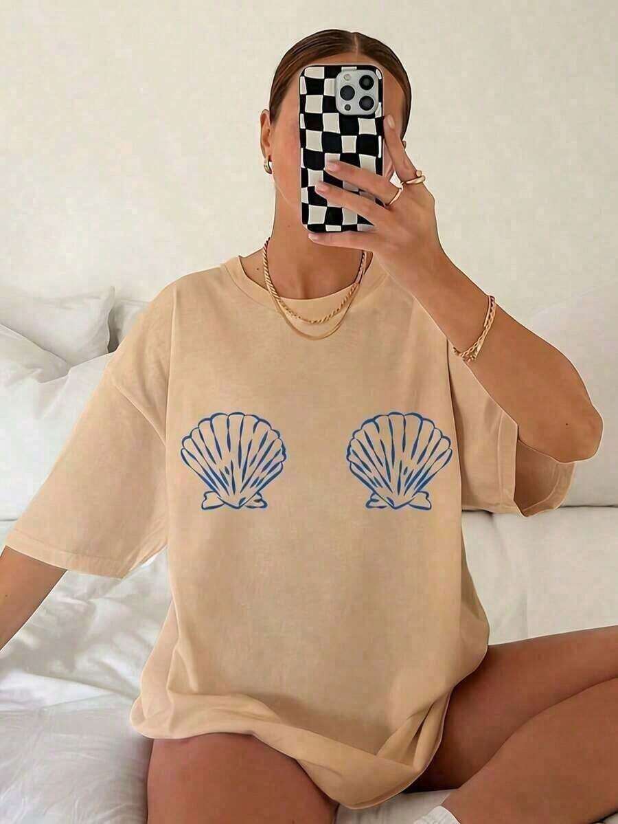 Gift2026 Summer Collection, Women's Casual T-Shirt With Tropical Shell Print - High Elasticity Crew Neck, Short Sleeve, Machine Washable, Summer Beachwear In White And Blue, Comfortable Fit For All Seasons, Breathable Fabric, Simple Design, Women's T-Shirts, Women's Vacation Clothes, Sizes S-7XL, Free Shipping, 24 Hour Delivery. 100% Cotton - 杏 - 查看 1