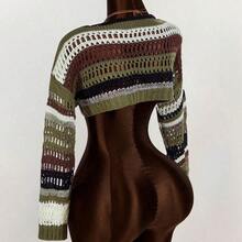 Striped Pattern Drop Shoulder Crop Sweater,Long Sleeve Tops - Multicolor - Ver 8