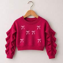 Girls' Cropped Sweatshirt With Long Sleeves And Ruffle Detail, Stylish For Cold Weather, Mid-Season, And Winter. - Rosa Fucsia - Ver 3