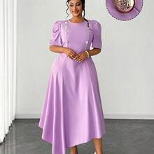 Vestido elegante de color liso con cuello redondo, manga corta, dobladillo irregular, manga abullonada, dobladillo de pañuelo, cintura ceñida, con acento de hebilla de metal, adecuado para vacaciones, informal, viajes diarios, diseño de moda, talla pequeña a grande, vestido largo largo Vestido lavanda para mujer Vestido elegante morado Mujer - Púrpura - Ver 3