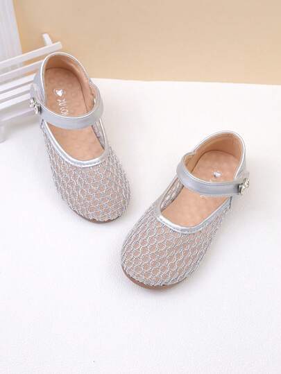 1 Pair Silver Fashion Children's Shoes, Girls' Flat Shoes, Mesh Breathable Upper, Non-Slip Sole, Hook And Loop Design, Suitable For Summer Outings, Holidays, Weddings, Parties