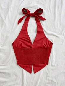 Top corto con cuello halter, espalda descubierta y lazo, con bordado floral sobre base color albaricoque, adecuado para festivales de música - Rojo - Ver 2