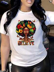 Women's Summer Tops, Tropical Print T-Shirt With The Phrase "BELIEVE", Comfortable Fit, Round Neck, Casual Top With Positive Affirmations, Spring, Summer And Autumn Clothing, Machine Washable, Ideal For Casual Wear, Suitable For Women. - 白色 - 查看 9