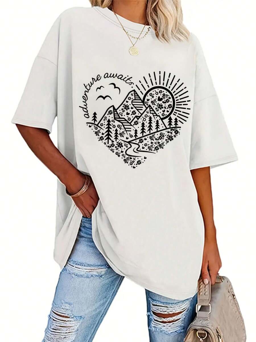 Camiseta de manga corta con estampado floral de corazones y cuello redondo, talla grande, para el verano. - Blanco - Ver 1