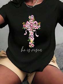 Women's T-Shirt With Floral Print Of Cross And Pink Ribbon, "He Has Risen", Plus Size, Christian Easter Gift, 220g, Breathable And Comfortable - 黑色 - 查看 1