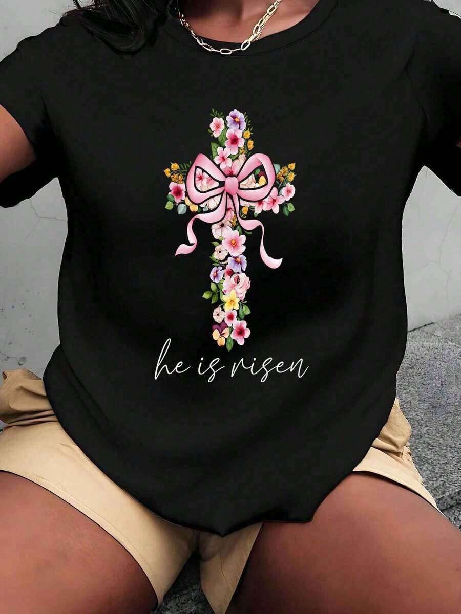 Women's T-Shirt With Floral Print Of Cross And Pink Ribbon, "He Has Risen", Plus Size, Christian Easter Gift, 220g, Breathable And Comfortable - 黑色 - 查看 1