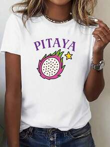 Women's One-Piece Printed Short-Sleeve T-Shirt With A Round Neck And Dragon Fruit Print-A Fresh And Vibrant Garment For Women. This Unisex Printed Short-Sleeve T-Shirt Is Perfect For Outdoor Activities. It's Ideal For Couples, Parent-Child Sets, Family Wear, And Is A  New Arrival. Also Available: A Unisex Cotton Loose-Fitting Short-Sleeve T-Shirt With A Round Neck And Urban Vintage Style. - 白色 - 查看 1