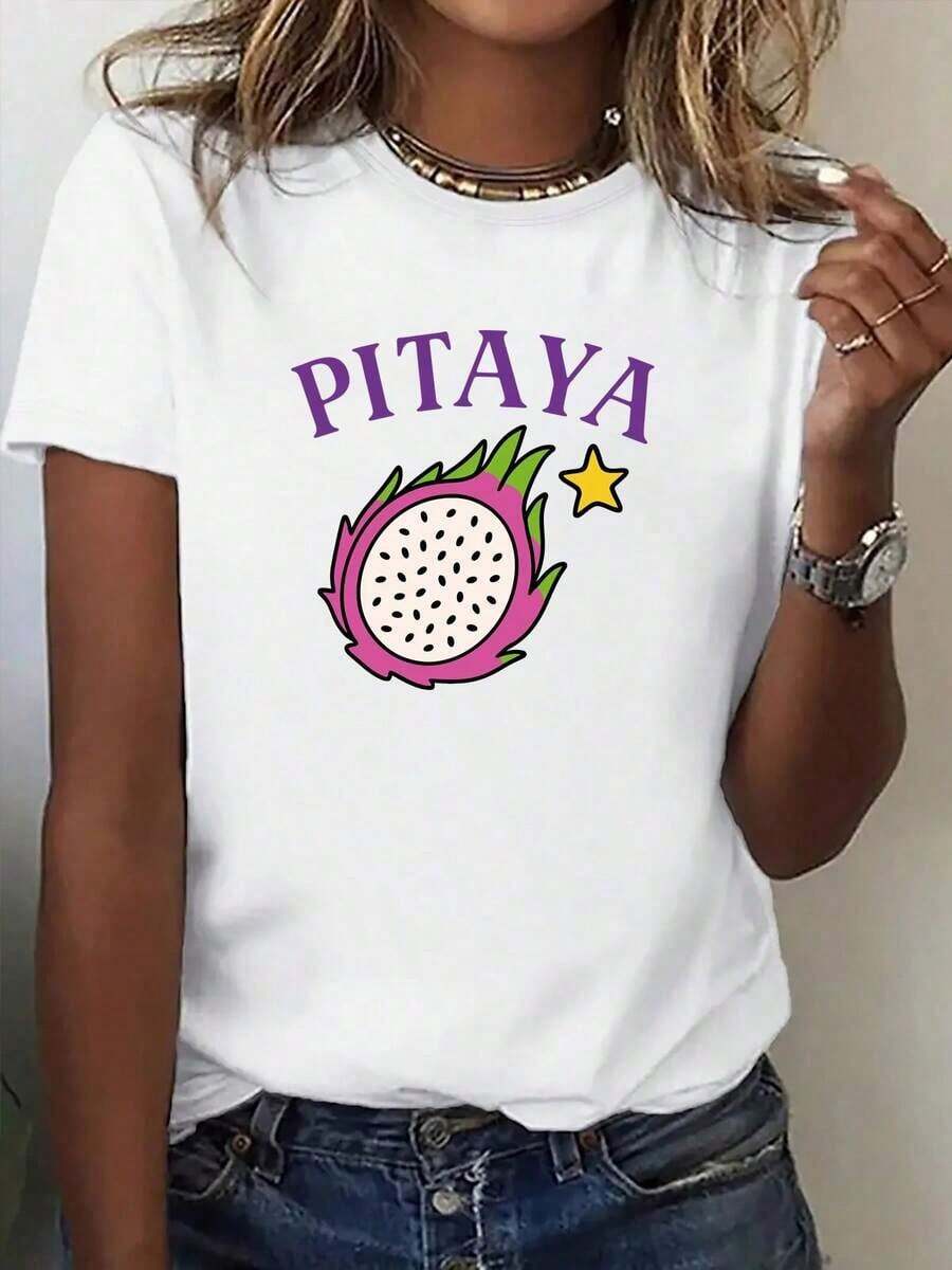 Women's One-Piece Printed Short-Sleeve T-Shirt With A Round Neck And Dragon Fruit Print-A Fresh And Vibrant Garment For Women. This Unisex Printed Short-Sleeve T-Shirt Is Perfect For Outdoor Activities. It's Ideal For Couples, Parent-Child Sets, Family Wear, And Is A New Arrival. Also Available: A Unisex Cotton Loose-Fitting Short-Sleeve T-Shirt With A Round Neck And Urban Vintage Style. - 白色 - 查看 1