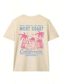 Tops de Verano 2026: Nueva Camiseta Casual de Verano para Mujer, Cuello Redondo, Manga Corta, Estampado Versátil con Slogan de Palmera, Adecuada para Uso Diario. Camiseta con estampado, Top blanco para mujer, Top negro, Top rosa, Estilo vacacional. Camiseta holgada y cómoda - Estilo callejero vintage, camiseta unisex de algodón holgada de manga corta con cuello redondo, blusas para mujer, playeras de mujer, blusas casuales para dama. - Albaricoque - Ver 3