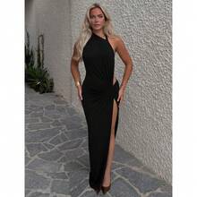 New Arrival Pleated Halter Maxi Dress With Open Back, Bow, And Slit - Black - View 7
