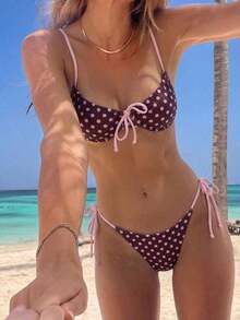 Conjunto de bikini para mujer con top de tirantes con aros y sujetador push-up con estampado digital y Bottom con lazos laterales, para primavera/verano - Multicolor - Ver 8