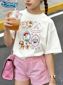 [ Genuine Authorization ][ Disney ] Disney Toy Story Characters Printed Girl Simple And Cute Top, Solid Color Casual Versatile Round Neck Short Sleeve T-Shirt, Comfortable Elastic Fabric, 100% Pure Cotton Material, Skin Friendly And Not Stuffy, Suitable For Children Aged 5-12Y, Perfect Birthday Gift Or Children's Day Gift. - Hồng - Xem 1