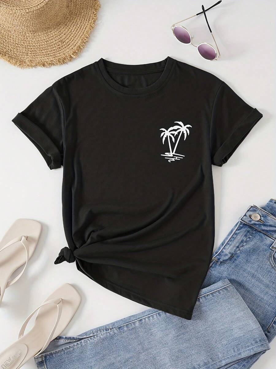 Women's Casual T-Shirt - Short Sleeve, Round Neck, With Plant And Palm Tree Prints, Featuring The Design "Life Is Better On A Boat", Lightweight, Perfect For Spring, Summer And Autumn, Cruise T-Shirt. - 黑色 - 查看 1
