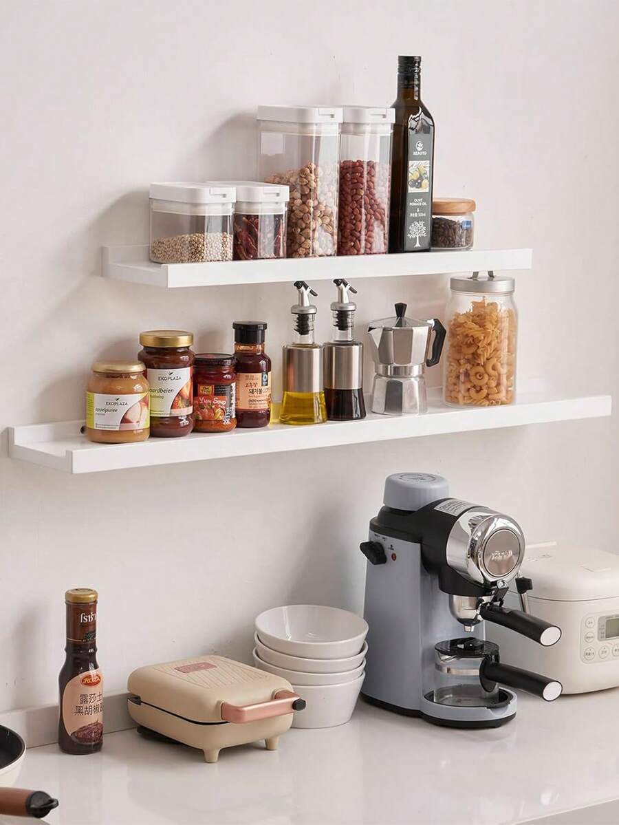 1pc White Wall-Mounted Floating Shelf For Kitchen, No-Drill Installation, Dedicated Storage For Kitchen Seasoning Jars / Dry Food Sealed Containers / Coffee Utensils! Nail-Free, No-Trace, For Tile Walls, Easy And Quick Installation, Thickened And Widened Board With Strong Load-Bearing Capacity, Moisture-Proof And Oil-Resistant, Easily Organize Oil, Salt, Sauce, Vinegar Bottles, Dry Food Jars, Kitchen Tools, Say Goodbye To Cluttered Countertops - View 1