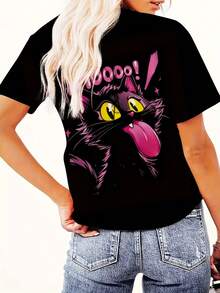 Camiseta de manga corta con estampado digital para mujer, estilo artístico con tema de "Gato divertido y lindo", camiseta de manga corta con estampado, top divertido y moderno, adecuada para amantes de los gatos, camiseta informal de talla grande para mujer con cuello redondo, la imagen muestra un personaje de gato divertido y lindo - Negro - Ver 4