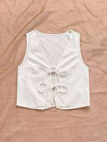 Blusa de tirantes con estampado tropical, cuello en V y mangas acampanadas con nudo, para vacaciones de verano para mujeres - Blanco - Ver 3