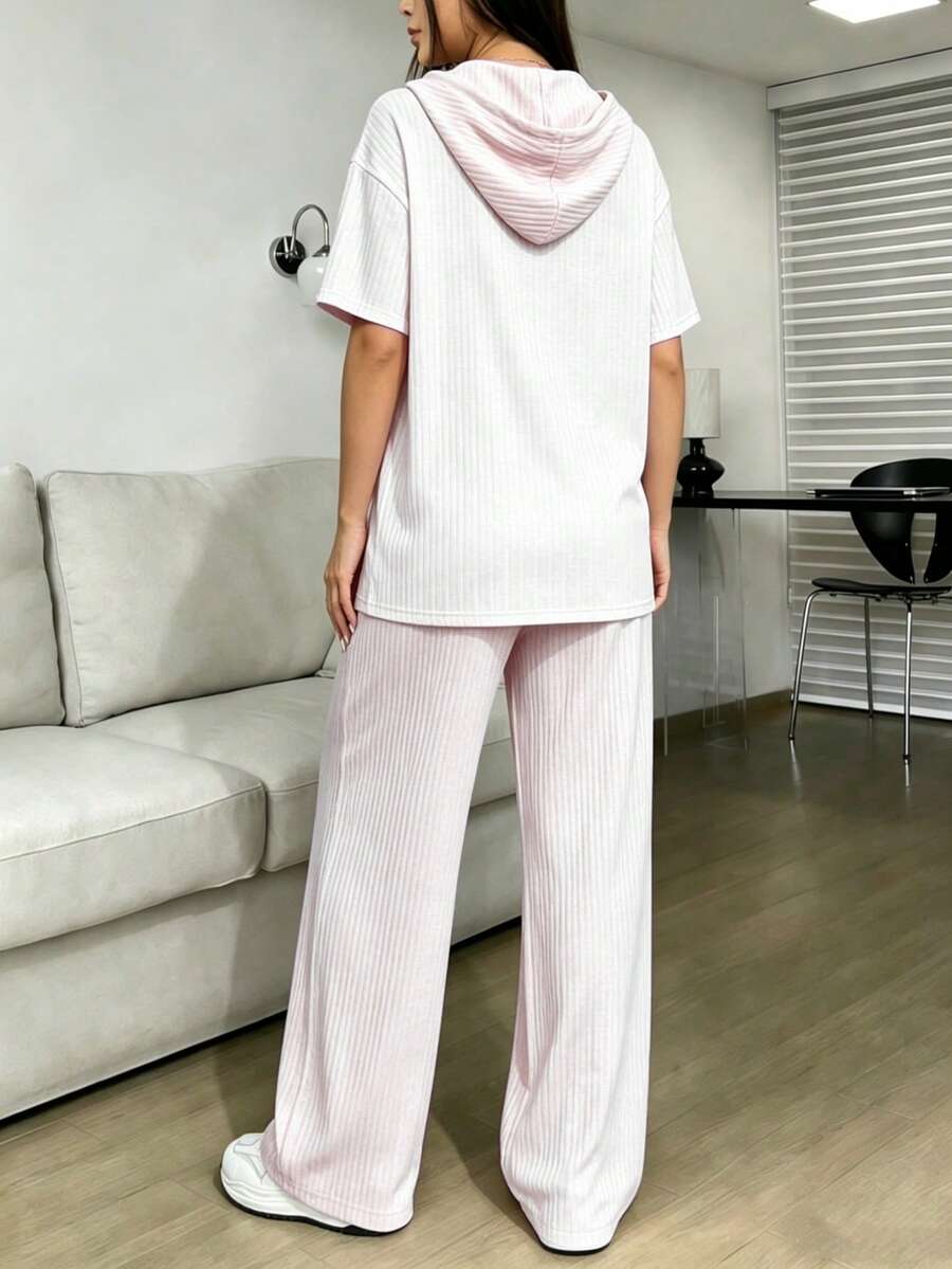 Conjunto De Top Corto De Manga Larga Y Pantalón Para Mujer Con Diseño De Bloques De Color - Blanco - Ver 1
