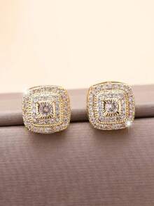 2pcs Fashionable Luxury Fully Rhinestone Square Stud Earrings, Exquisite Sparkling Unisex Hip-Hop Versatile Earrings - Square - View 8