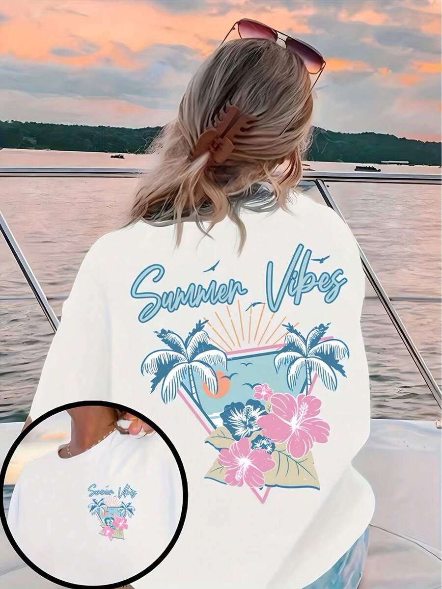 Plus Size, Summer Women's T-Shirt With Back Print, Casual Plus Size, Round Neck, Wide Shoulders, Comfortable Loose-Fitting Top, Summer Tops - White - View 1