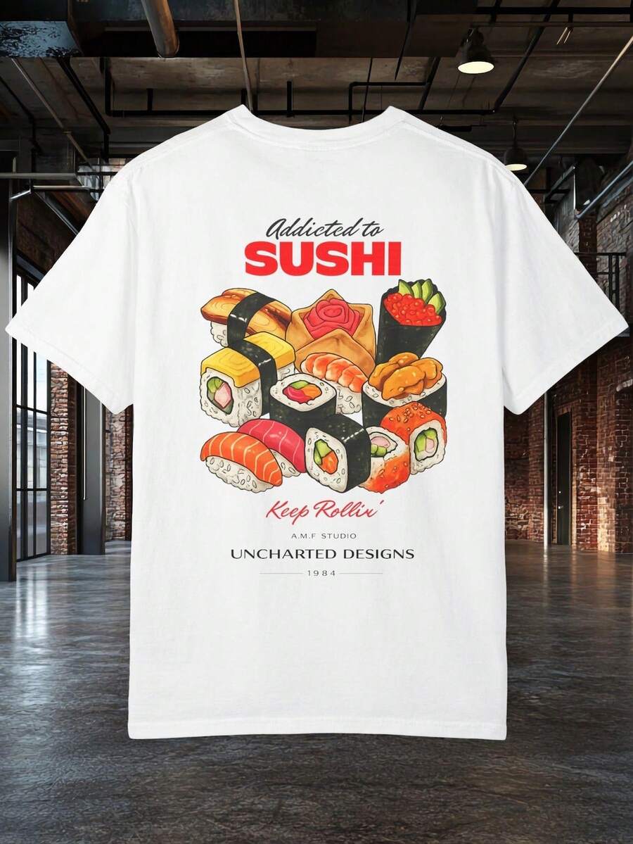 Camiseta "Adicto al Sushi" Regalo para amantes del sushi Camiseta gráfica de sushi Camiseta para amantes de la comida Camiseta de comida japonesa Diseños de AMF Studio Uncharted 220 g algodón puro unisex Camiseta de peso ideal para todas las estaciones, adecuada para hombres y mujeres. Tejido duradero de alta calidad, suave al tacto y de larga duración. Camiseta transpirable. Adecuada para la primavera y el verano de las mujeres, vacaciones, Día de la Madre, Día de la Independencia. - Blanco - Ver 1