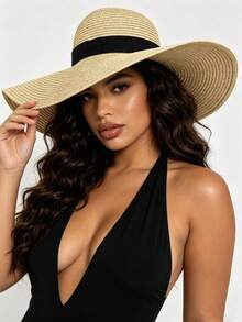 1 pièce Chapeau de paille à large bord pour femme avec ruban noir, chapeau de plage de protection solaire - Multicolore - Voir 3