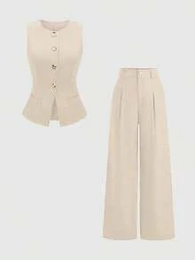 Sweetro Conjunto a juego de chaleco negro de una hilera y pantalones de pierna ancha con fruncidos - Caqui - Ver 7