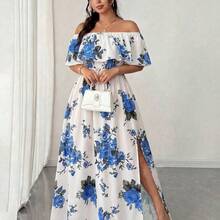Elenzya Plus Size Women's Spring/Summer New Arrival Floral Print Dress, Off Shoulder Ruffle Romantic Sexy Waist Pleated Maxi Dress, Suitable For Romantic Vacation, Dates, Travel, Urban Outings, Music Festivals, And Romantic Occasions - Multicolor - Ver 8