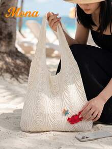 Túi đi biển lưới móc lớn, túi tote thủ công đính hình cua đỏ, túi đeo vai bằng vải cotton nhẹ dành cho nữ, thích hợp cho kỳ nghỉ hè và đi bơi. - Màu be - Xem 3