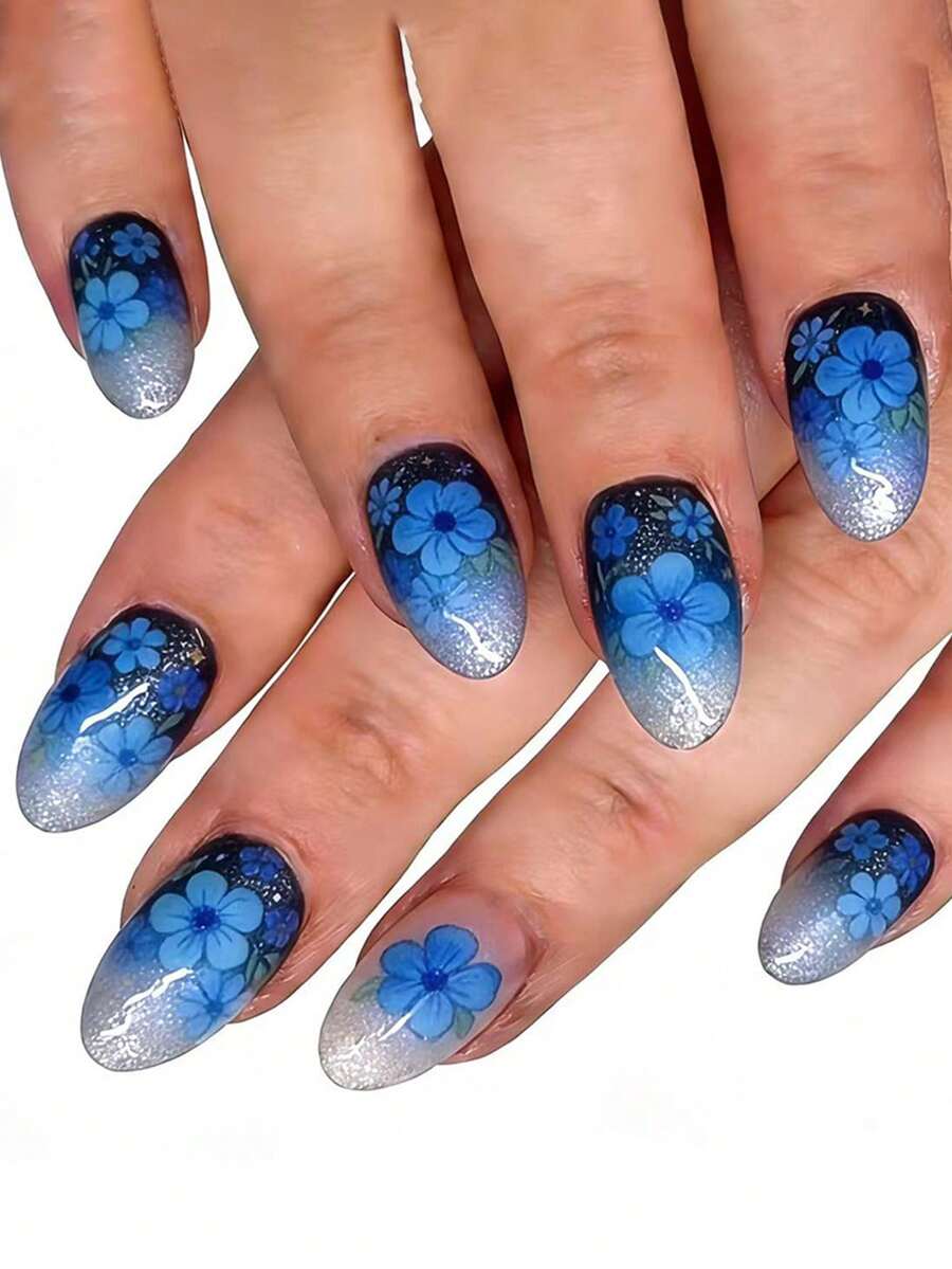24 móng tay giả ngắn hình bầu dục, màu xanh đậm chuyển sắc họa tiết hoa lấp lánh, quà tặng Ngày của Mẹ, độ che phủ toàn diện và có thể tháo rời, phù hợp cho các bữa tiệc, dạ hội và sử dụng hàng ngày. - Màu xanh lam - Xem 1