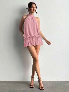 casual de verano para mujer con cuello halter, unicolor y volantes en el bajo - Rosa - Ver 3