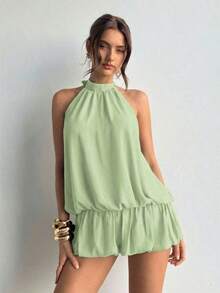 casual de verano para mujer con cuello halter, unicolor y volantes en el bajo - verde menta - Ver 7