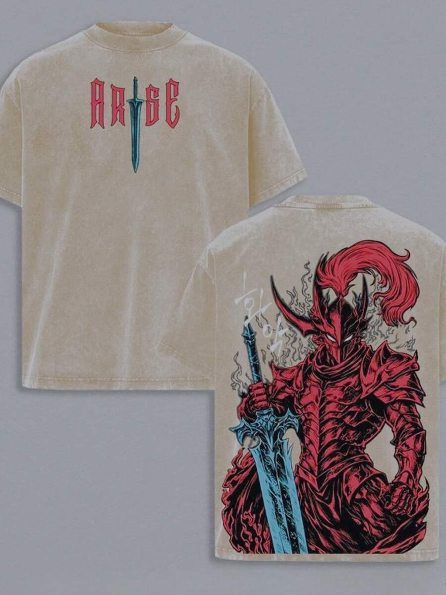 Camiseta de Algodón Lavado Vintage con Estampado de Anime Shadow Knight Commander, Tema de Lealtad Absoluta y Espada Silenciosa, Regalo para Fanáticos del Anime, Ropa Diaria para Otakus, Camiseta para Hombre, Ropa Casual Urbana, Ropa Gótica, Ropa de Verano Y2K. - Albaricoque - Ver 1