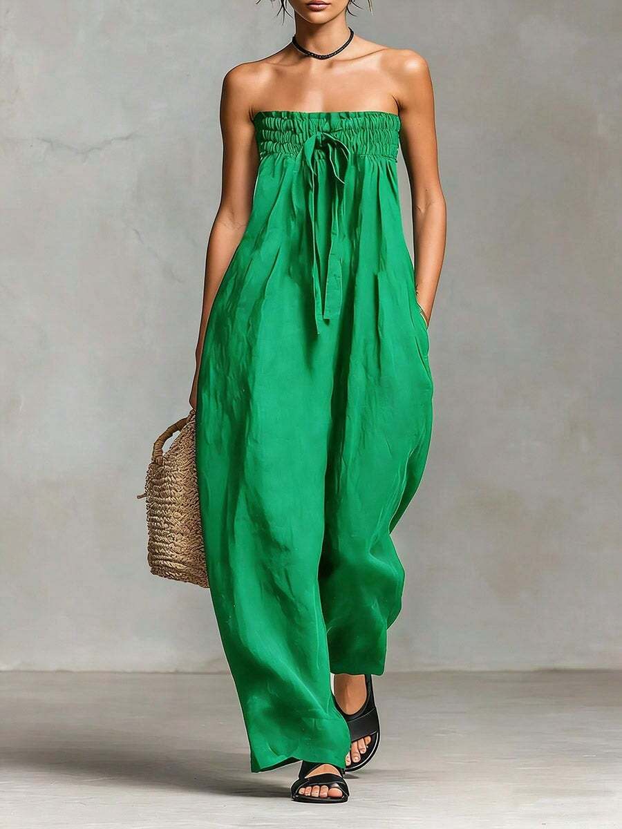 2026 European And American Spring/Summer New Cotton-Linen Blend Simple Strapless Tube Top Jumpsuit - Green - View 1