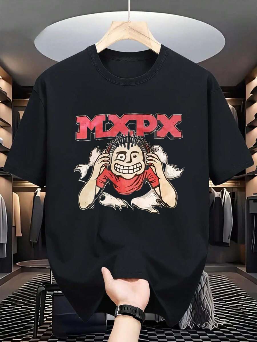 Camiseta de la banda de punk rock Mxpx - Camiseta unisex de algodón de peso pesado con logotipo icónico y estampado de personaje de dibujos animados icónico, camiseta casual de corte regular para hombres y mujeres (tallas S-2XL), lavable a máquina, mercancía punk para conciertos, gimnasio y uso casual. - Negro - Ver 1